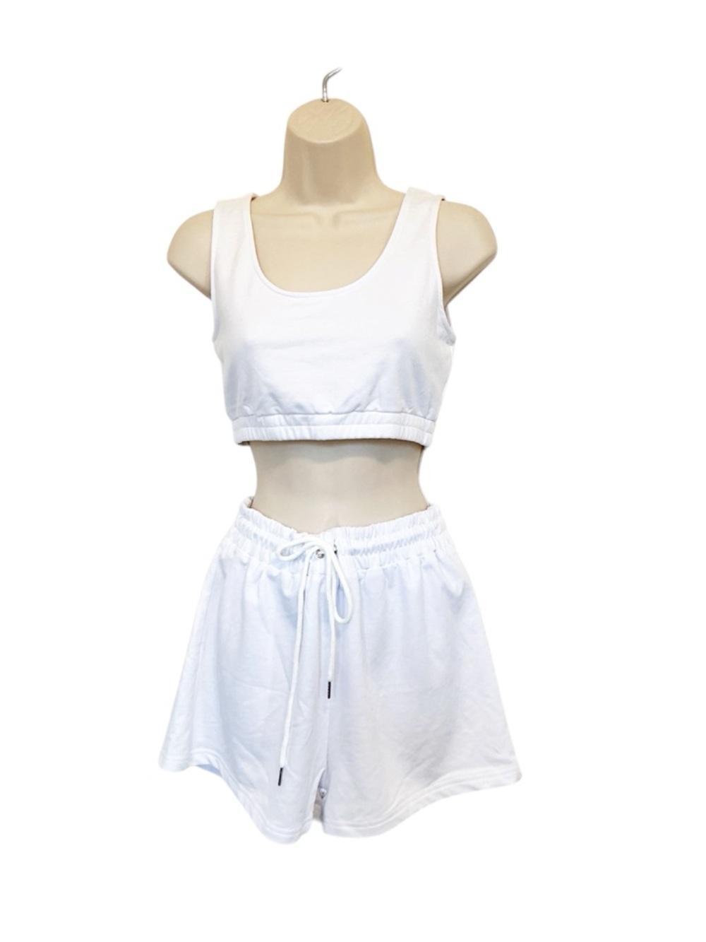 NWT RIVIR Two Piece White Drawstring Shorts Sports Bra Crop Top Size L Active